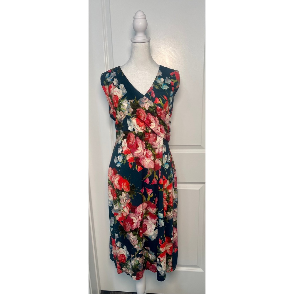 KiraGrace Floral Faux Wrap Dress Women Large Teal Pink V-Neck Romantic Feminine